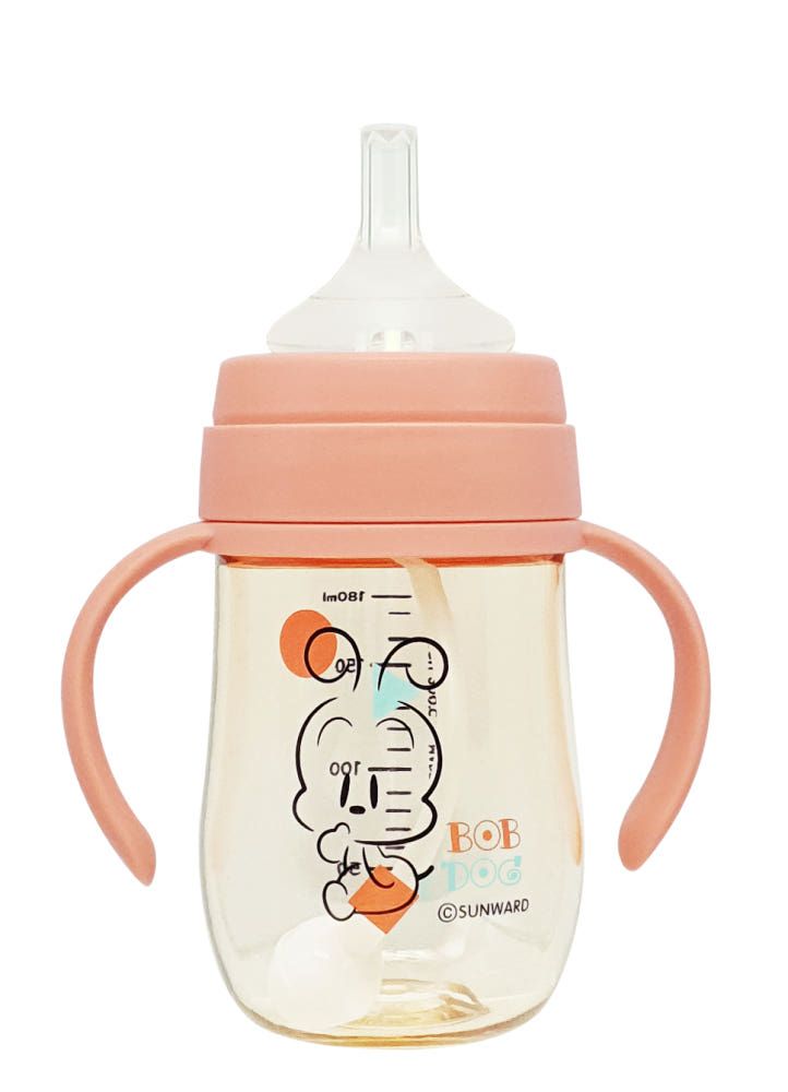 IBYEOL Friends Little BOBDOG Premium PPSU Weighted Straw Cup Anti-Colic Leak-Proof Baby Water Bottle 180ml Coral Pink_ Made in KOREA