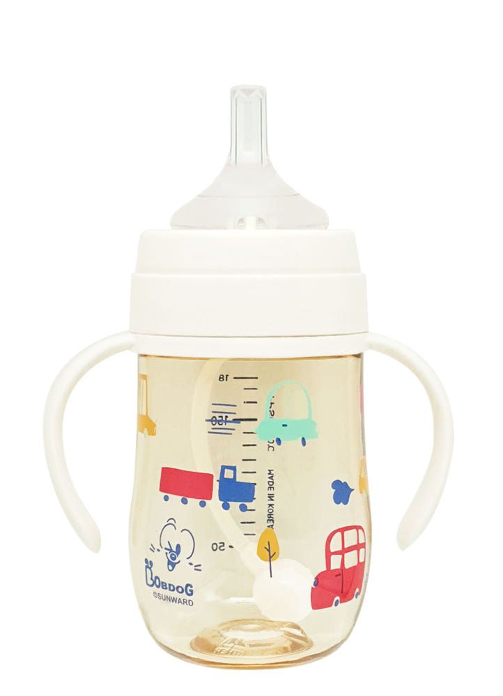 IBYEOL Friends Little BOBDOG Premium PPSU Car Design Weighted Straw Cup Anti-Colic Leak-Proof Baby Bottle 180ml Cream White  _ Made in KOREA