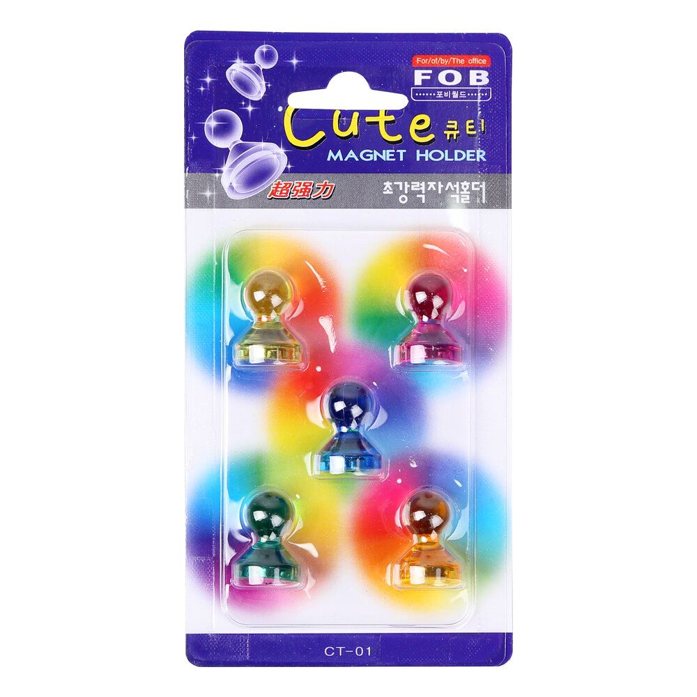 [FOBWORLD] Cutie Magnet Holder 15mm 5Pcs _ 5 Assorted Crystal Color Strong Magnetic Push Pins, Map Magnets, Refrigerator Whiteboard Magnets for School Office Home _ Made in Korea