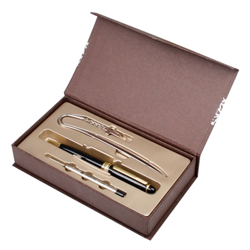 [WOOSUNG] Gift Set Metal Book Mark (Cross) + Classic Metal Pen (Gold) + Refill - Ballpoint Pen Writing Instrument Book Clip Desk Supplies - Made in Korea