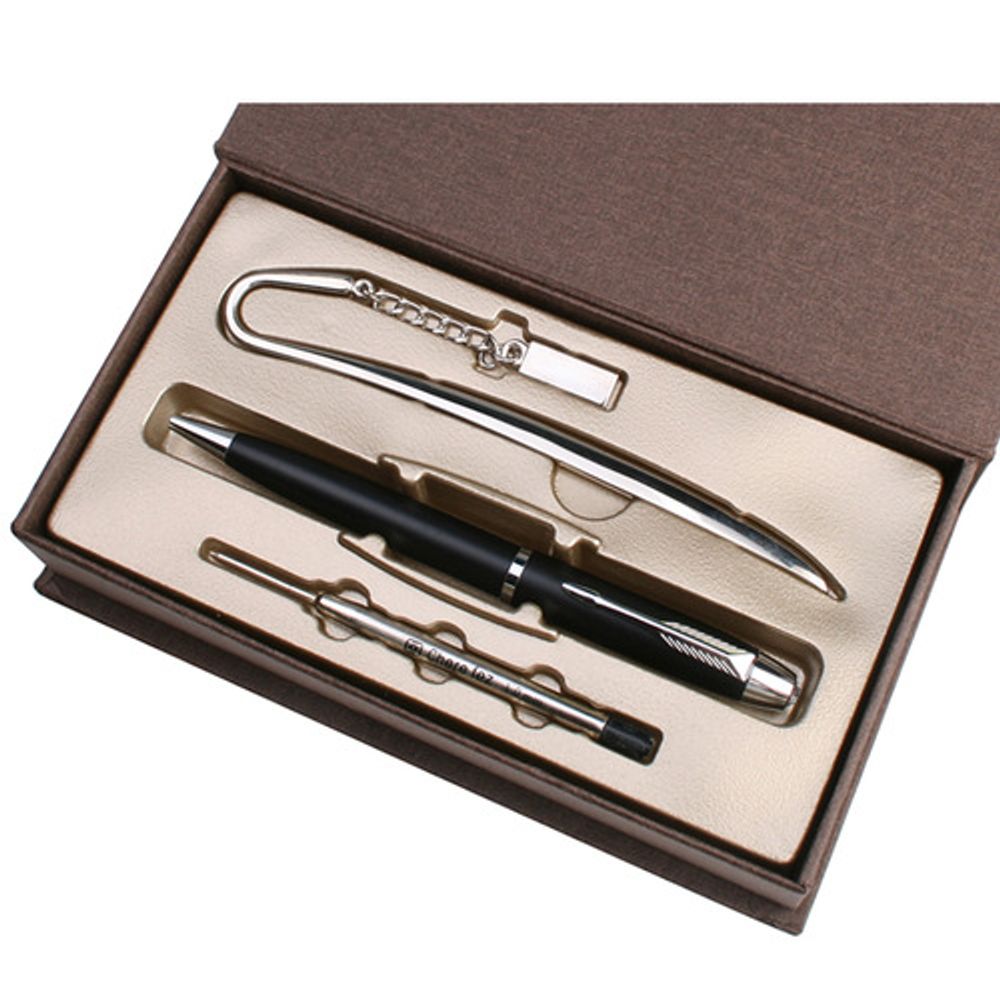 [WOOSUNG] Gift Set Metal Book Mark (Square) + Royal Cupid Metal Pen (Silver) + Refill - Ballpoint Pen Writing Instrument Book Clip Desk Supplies - Made in Korea