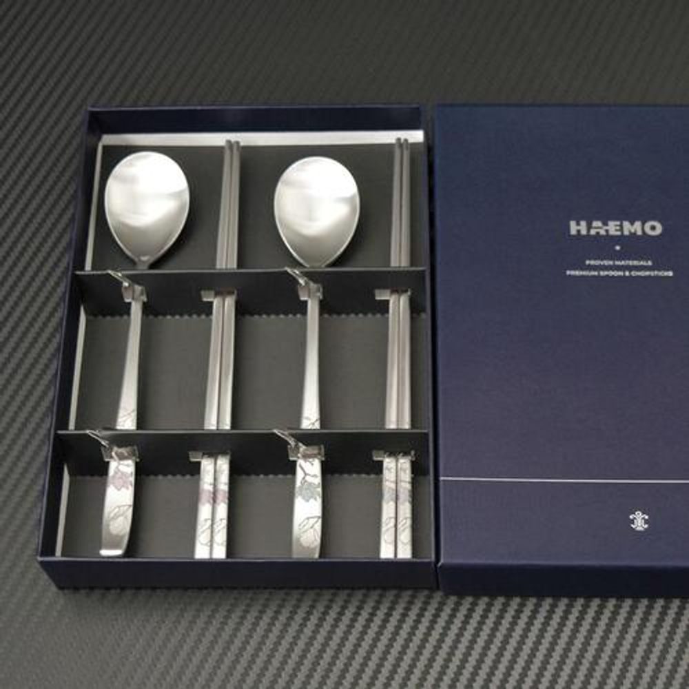 [HAEMO] Haemo Magnolia Couple Spoon & Chopsticks Set_ Premium Stainless Steel Korean Cutlery_ Made in Korea