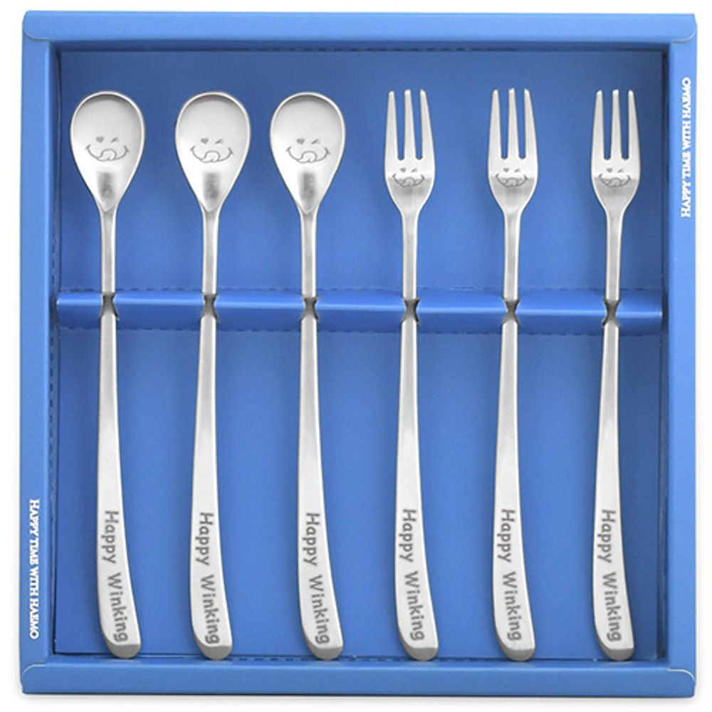 [Haemo] Happy Winking Medium Tea Spoon & Fork 6P Set – Cute Character Design, Premium Stainless Steel, Made in Korea