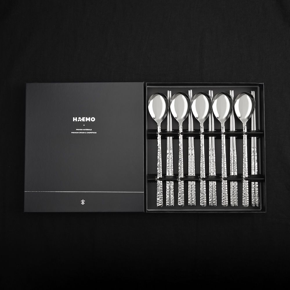  [HAEMO] 316L Hammer Spoon & Chopsticks 5 Set – Premium Textured Design, Medical-Grade Stainless Steel, Made in Korea