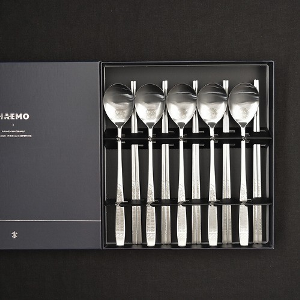 [HAEMO] Miller Hunminjeongeum Spoon & Chopsticks 5SET – Elegant Curved Design with Korean Script Accent, Premium Stainless Steel, Made in Korea