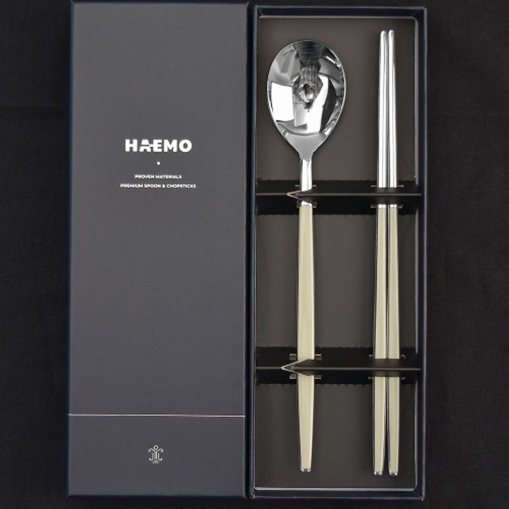 [HAEMO] Venezia Spoon Chopsticks Ivory 1Set (BK) _ Reusable Stainless Steel Korean Chopstix Spoon Cutlery Tableware Home, Kitchen or Restaurant, Made in Korea