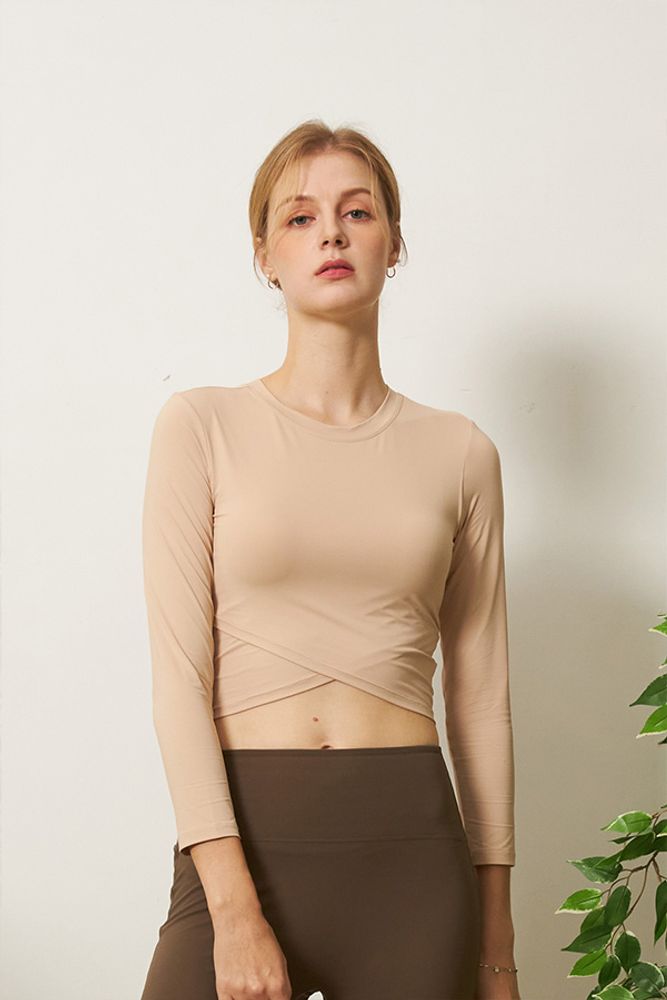 Cielcoco CLWT8086 Grace Wrap Style Long Sleeve Crop Top UV Protection Workout Shirt _ BEIGE_ Made in Korea 