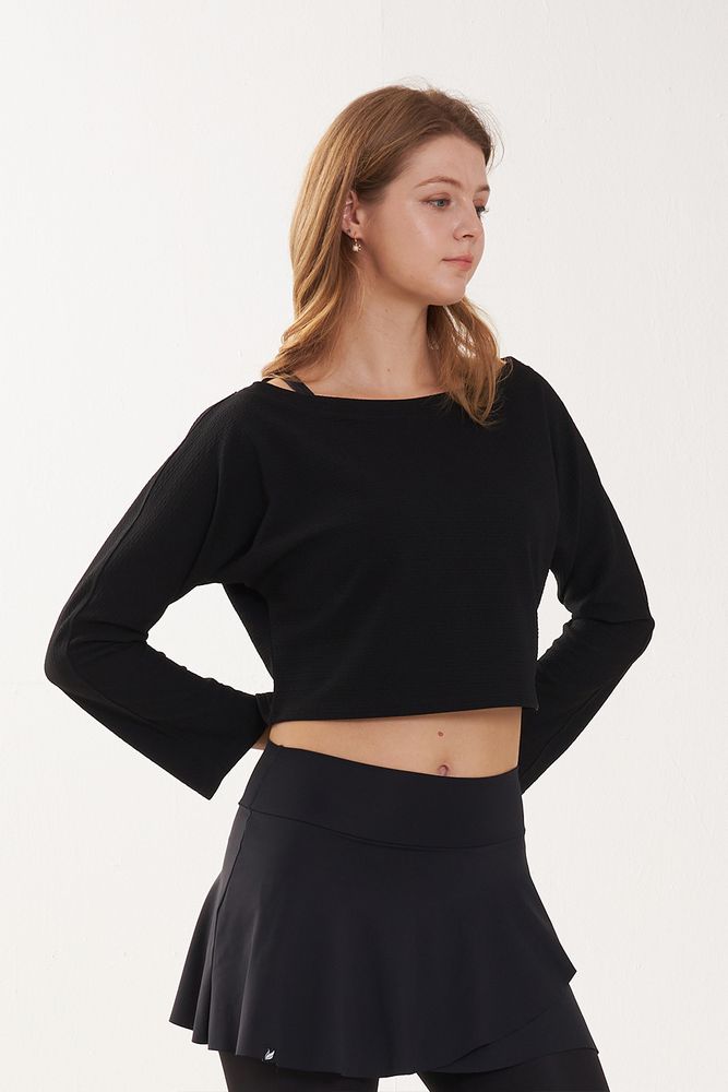 Cielcoco CLWT8096 Loose Fit Boatneck Flare Sleeve Crop Cover Up Top Workout Shirt _ BLACK _ Made in Korea