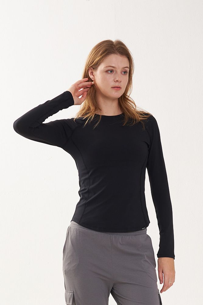 Cielcoco CLWT8097 Cozy Long Sleeve Flatlock Raglan Workout Top UV Protection Shirt _ BLACK  _ Made in Korea