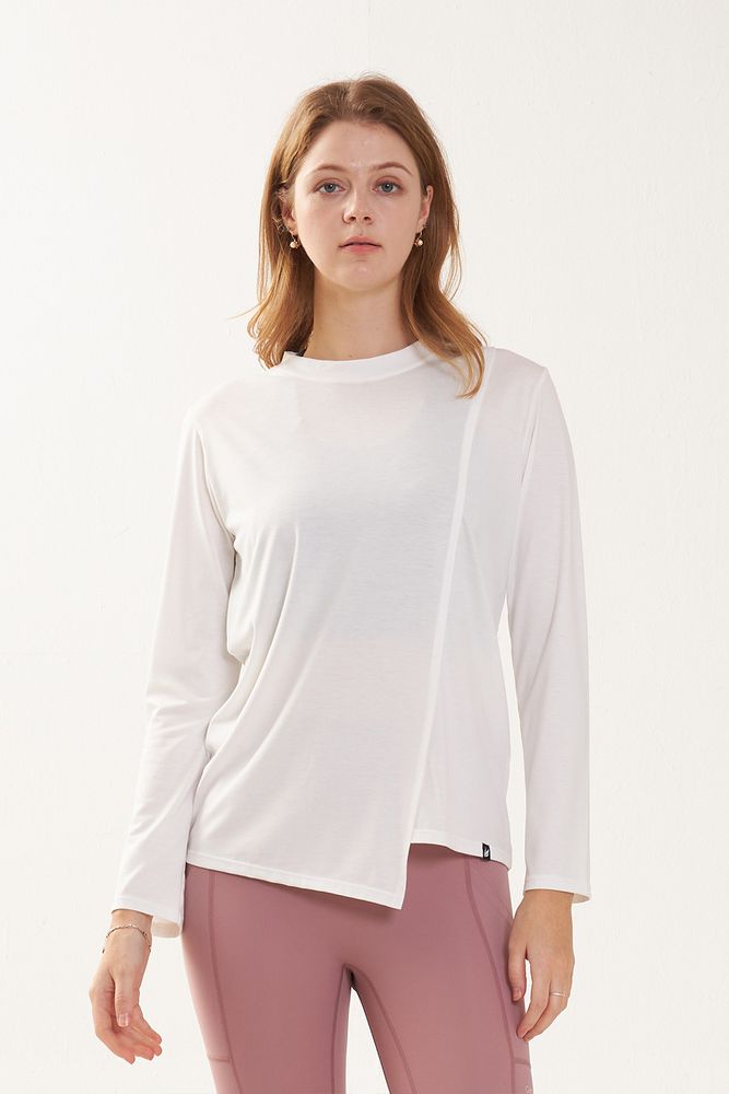 Cielcoco CLWT8098 Asymmetric Long Sleeve Rayon Slit Activewear Workout T Shirt _ IVORY_ Made in Korea