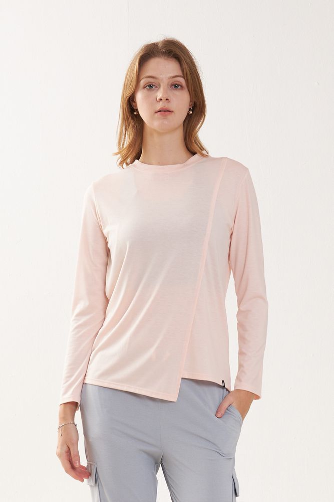 Cielcoco CLWT8098 Asymmetric Long Sleeve Rayon Slit Activewear Workout T Shirt _ PINK_ Made in Korea