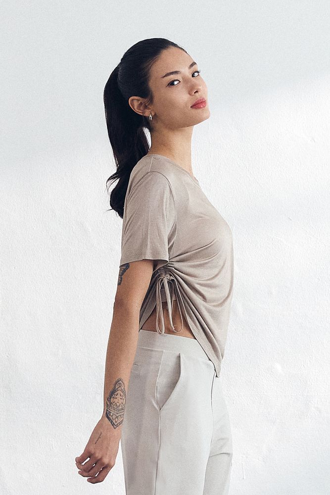 Cielcoco CLWT8103 Silky Shirring Short Sleeve Women Rayon Soft Workout Top T-Shirt _ BEIGE _ Made in Korea