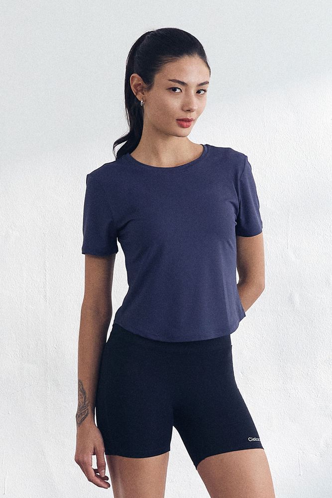 Cielcoco CLWT8105 Askin Cooling Semi Cropped Short Sleeve Women Activewear Workout Top T-Shirt _NAVY _ Made In Korea