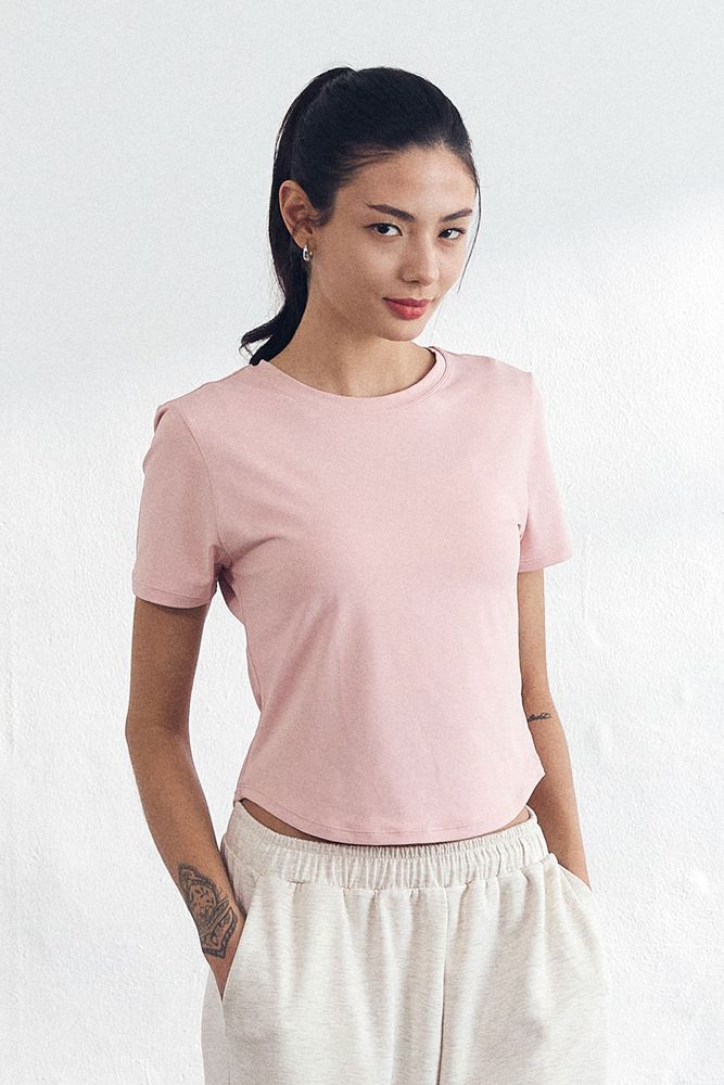 Cielcoco CLWT8105 Askin Cooling Semi Cropped Short Sleeve Women Activewear Workout Top T-Shirt _PINK _ Made In Korea