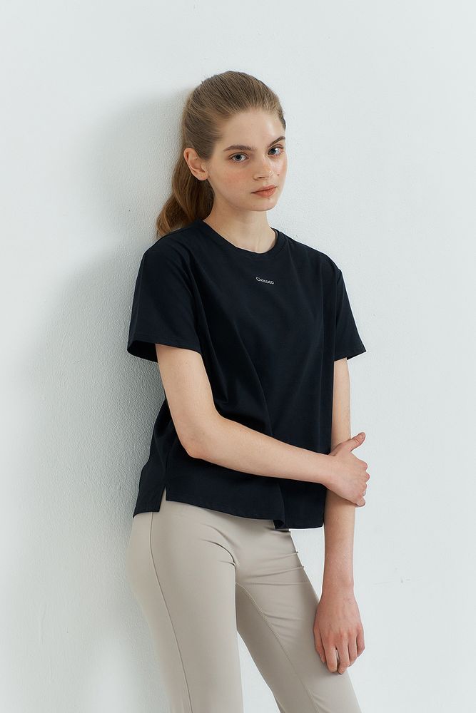 Cielcoco CLWT8110 Sorona Basic Short Sleeve Black Semi Cropped Women Activewear Workout T-Shirt _Black _ Made in Korea