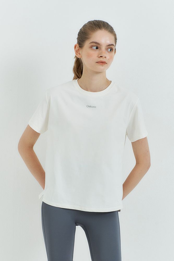 Cielcoco CLWT8110 Sorona Basic Short Sleeve Black Semi Cropped Women Activewear Workout T-Shirt  _IVORY _ Made in Korea