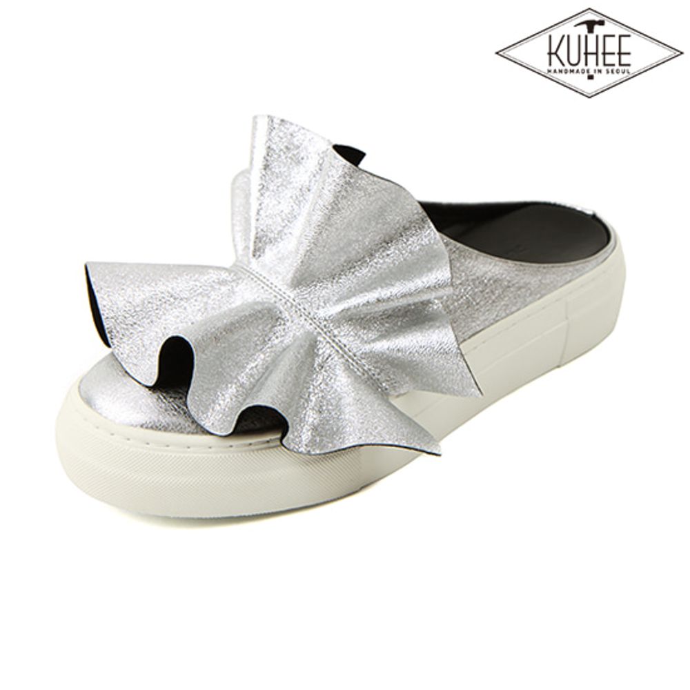 [KUHEE] 3.5cm Crack Mule(6735)-SI- Ruffle Genuine Leather Airfit Flat Shoes Sandals Slippers Shoes-Made in Korea