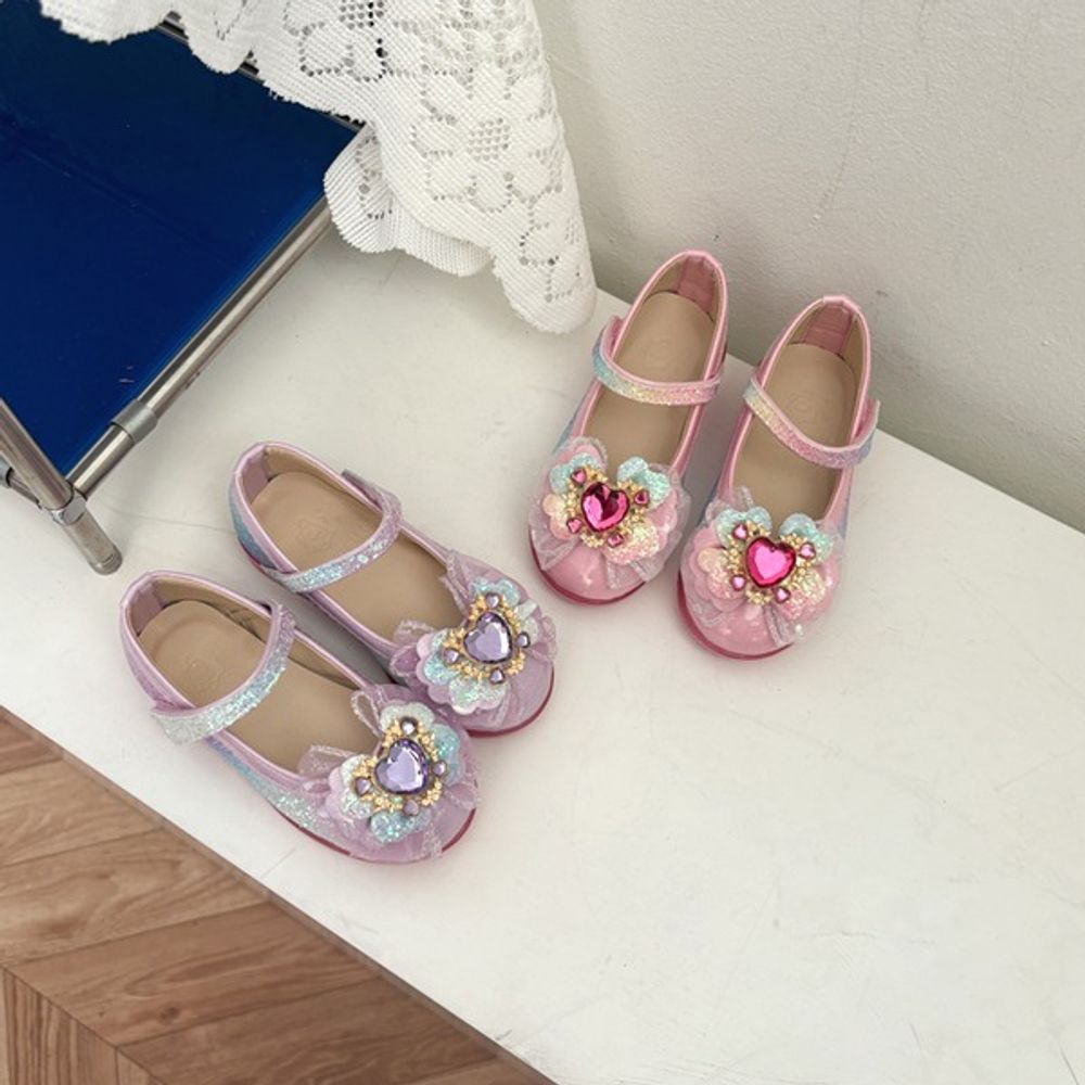 [GirlsGoob] Girls Glitter Fashion Big Heart Ribbon Party Dress Shoes Flat for Kid Toddler with Flashing Light Made in Korea