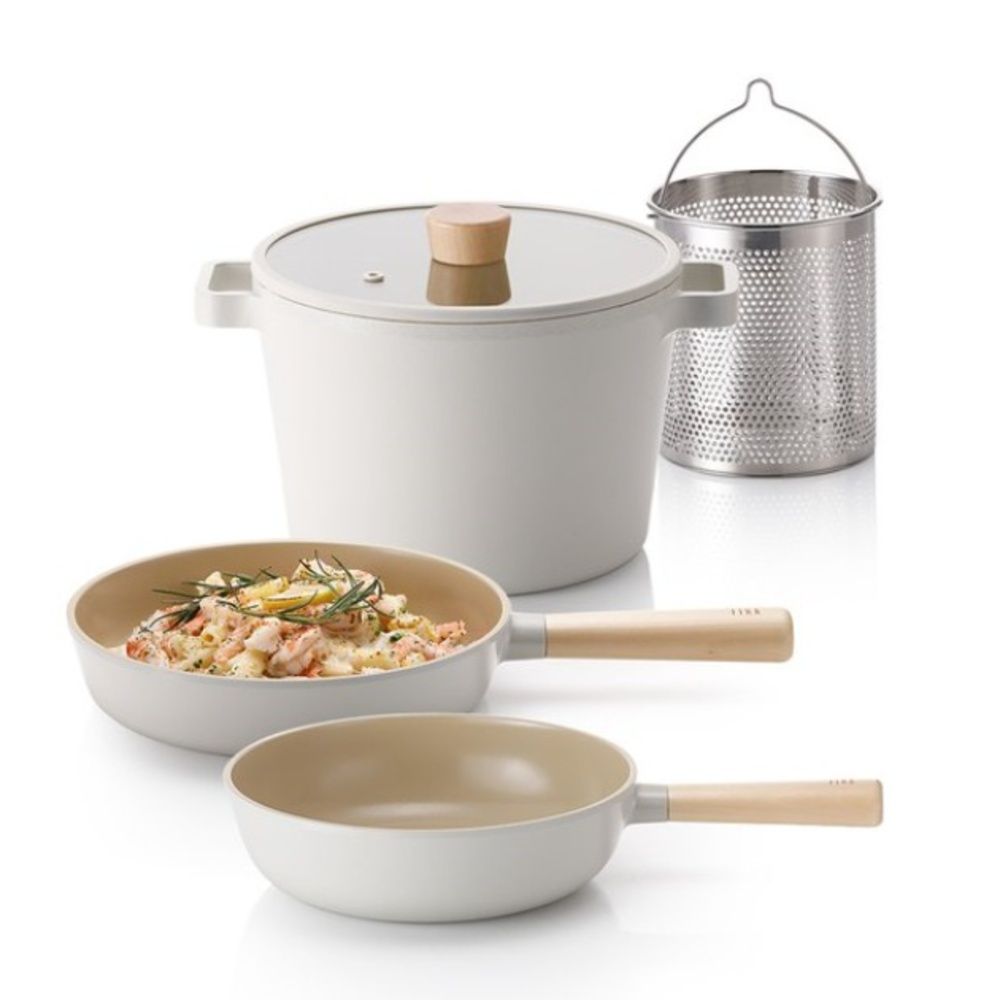 [NEOFLAM] FIKA Pasta Pot Deep Stockpot, frying pan set(26cm Wok, 28cm frying pan, 22cm Deep Stockpot+Stainless Steel insert)-Made in Korea