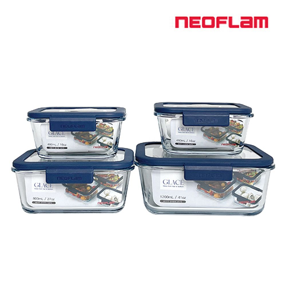 [NEOFLAM] GLACÉ 4 Pack Glass Locking Lids Food Storage Containers-Patented Clip System, for Microwave, Oven, Freezer and Dishwasher-Made in Korea
