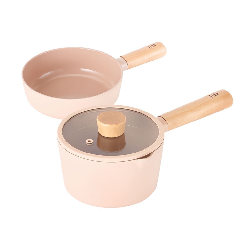 [Neoflam] FIKA OBJET Mini Peach Minimal Pot + Pan 2-Piece Set (18cm Petite Wok + 16cm Milk Pan) _ Stylish and Eco-Friendly Premium Cookware  _Made in Korea