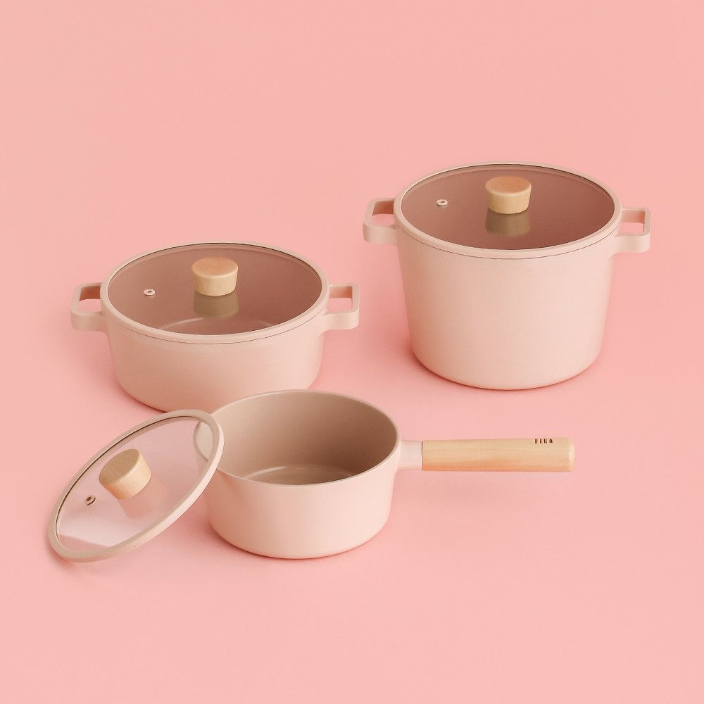 [Neoflam] FIKA OBJET Mini Peach Pot 3-Piece Set ( 18cm Saucepan, 22cm Stockpot , 22cm Deep Stockpot)_ Stylish and Eco-Friendly Premium Cookware  _Made in Korea