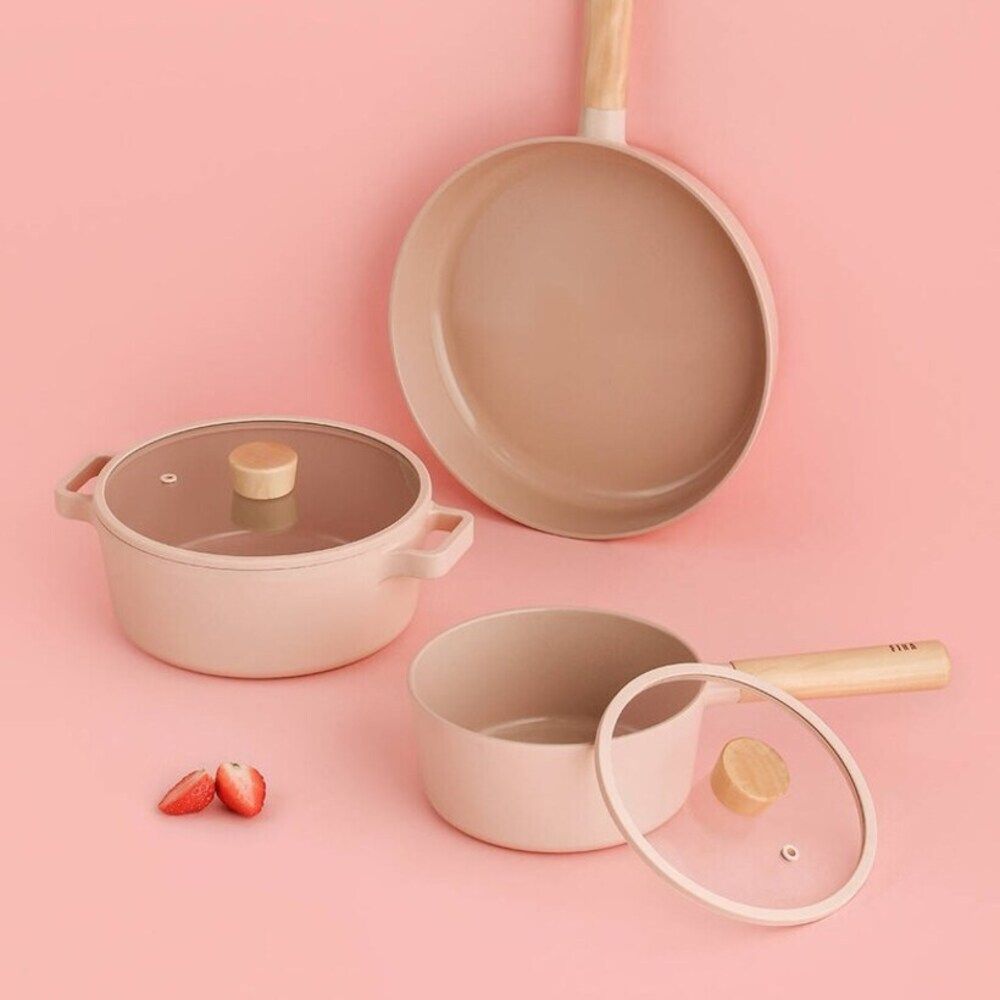 [Neoflam] FIKA OBJET Mini Peach Petite Pot + Pan 3-Piece Set (18cm Saucepan + 22cm Stockpot + 24cm Frying Pan) _ Stylish and Eco-Friendly Premium Cookware  _Made in Korea