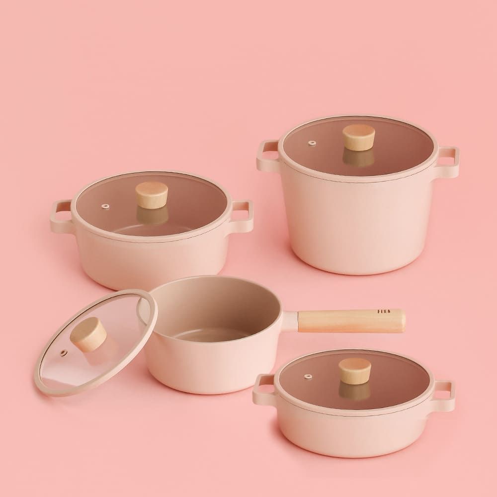 [Neoflam] FIKA OBJET Mini Peach  Pot 4-Piece Set (18cm Saucepan +22cm Stockpot + 22cm Deep Stockpot+ 22cm Shallow Pot) _ Stylish and Eco-Friendly Premium Cookware  _Made in Korea