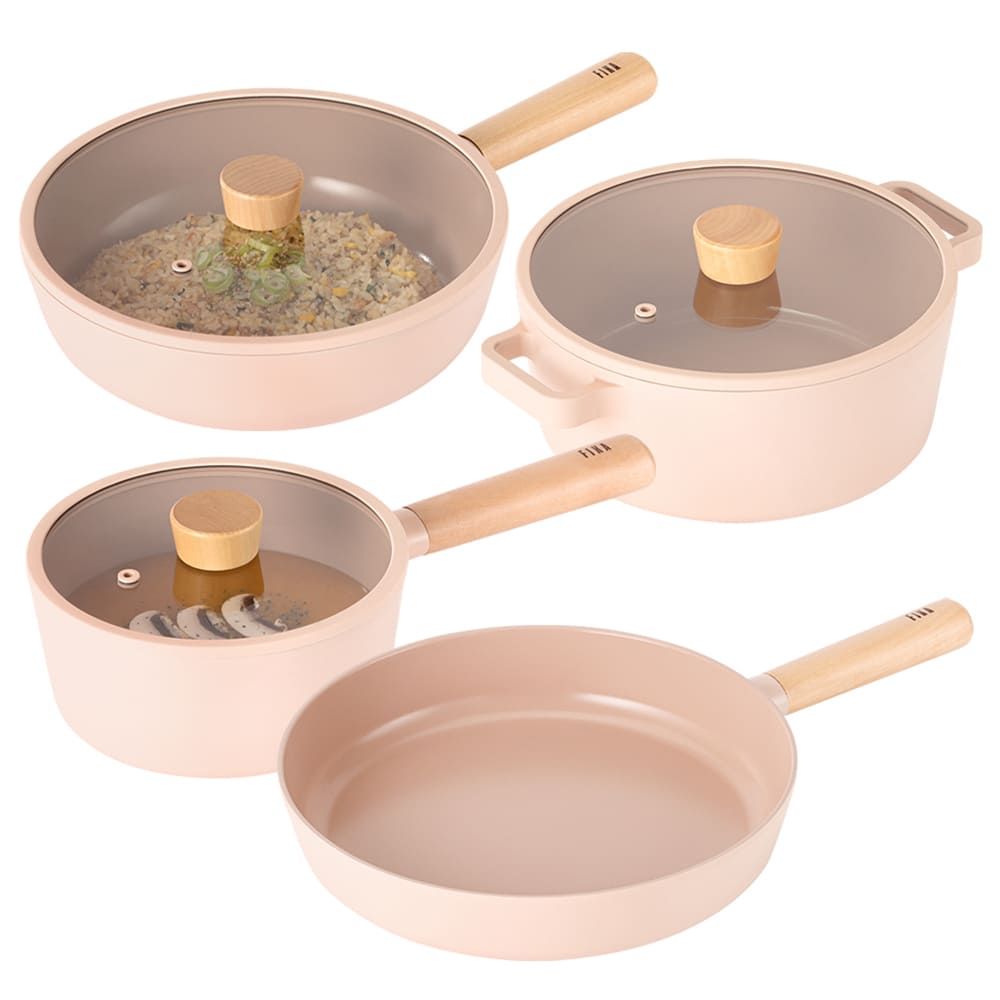 [Neoflam] FIKA OBJET Mini Peach Cookware  4-Piece Set (18cm Saucepan + 22cm Stockpot + 24cm Frying Pan + 26cm Wok) _ Stylish and Eco-Friendly Premium Cookware  _Made in Korea