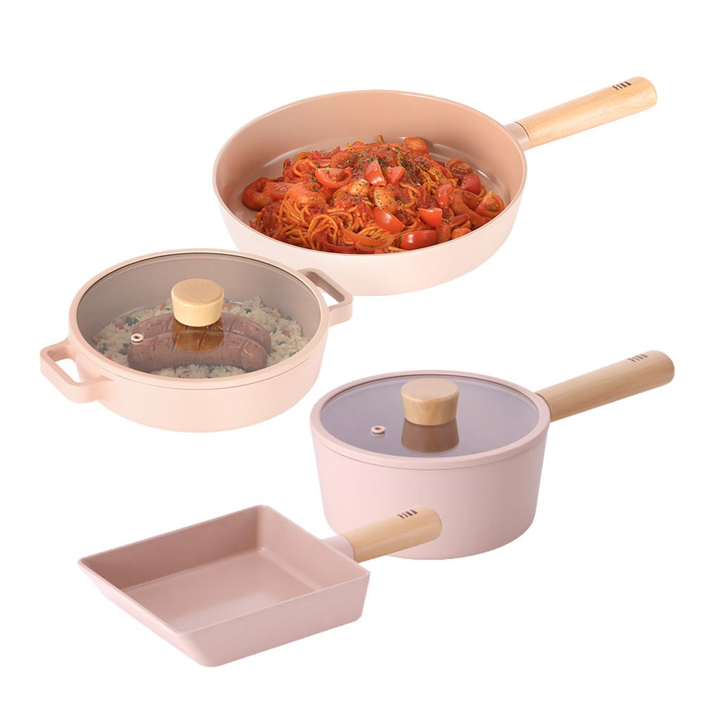 [Neoflam] FIKA OBJET Mini Peach Cookware  4-Piece Set (18cm Saucepan+ 26cm Frying Pan+ 20cm Shallow Pot+ 15cm Egg Roll Pan) _ Stylish and Eco-Friendly Premium Cookware  _Made in Korea