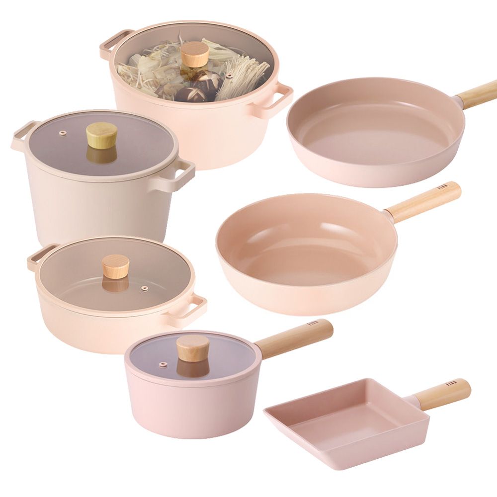 [Neoflam] FIKA OBJET Mini Peach 7-Piece Set (18cm Saucepan + 22cm Deep Stockpot + 26cm Stockpot +22cm Shallow Pot+15cm Egg Roll Pan+28cm Frying Pan+ 30cm Wok)   _Made in Korea