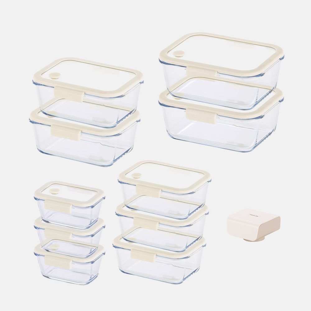 [NEOPLAM] GLACE Z Glass Vacuum Airtight Container 11-Piece Set + Vacuum Pump_ Ivory  _ A Revolutionary Vacuum Airtight Container Made Entirely of Glass