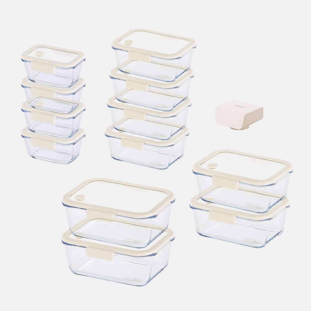 [NEOPLAM] GLACE Z Glass Vacuum Airtight Container 13-Piece Set + Vacuum Pump_ Ivory  _ A Revolutionary Vacuum Airtight Container Made Entirely of Glass