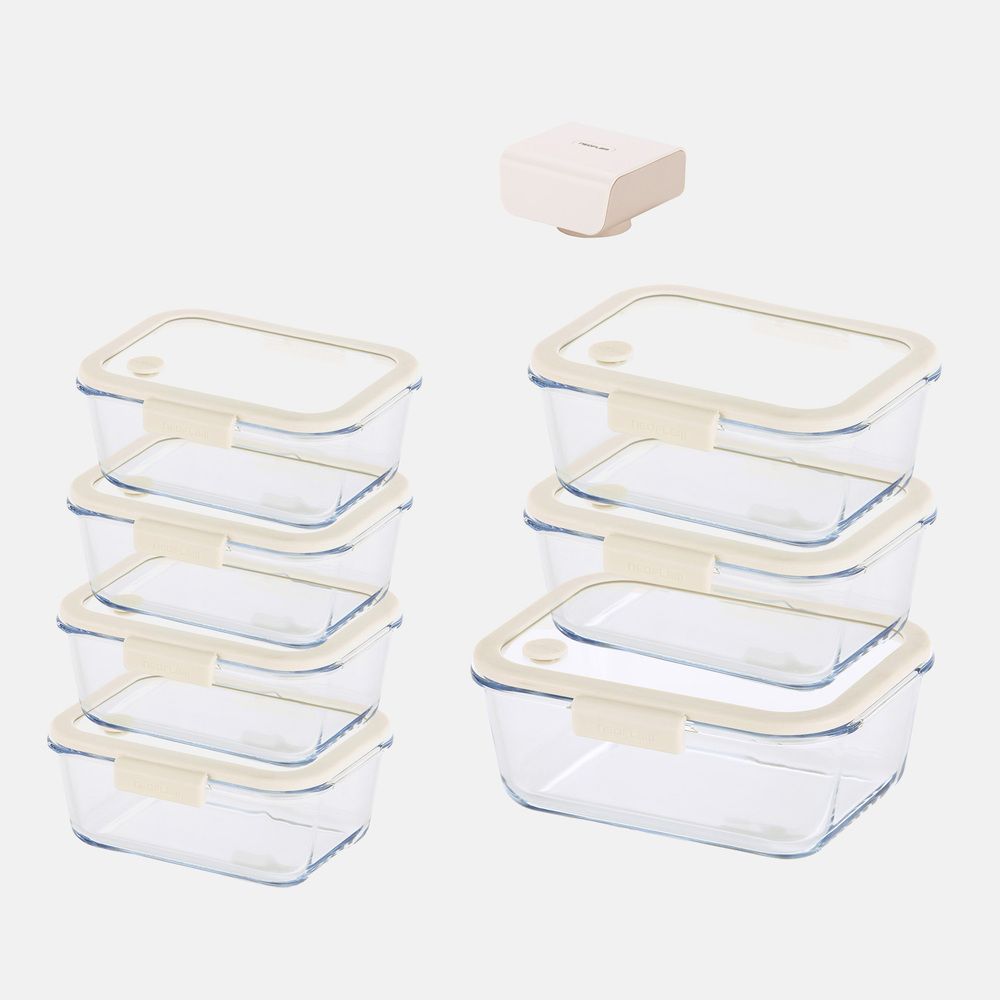 [NEOPLAM] GLACE Z Glass Vacuum Airtight Container 8-Piece Set + Vacuum Pump_ Ivory  _ A Revolutionary Vacuum Airtight Container Made Entirely of Glass