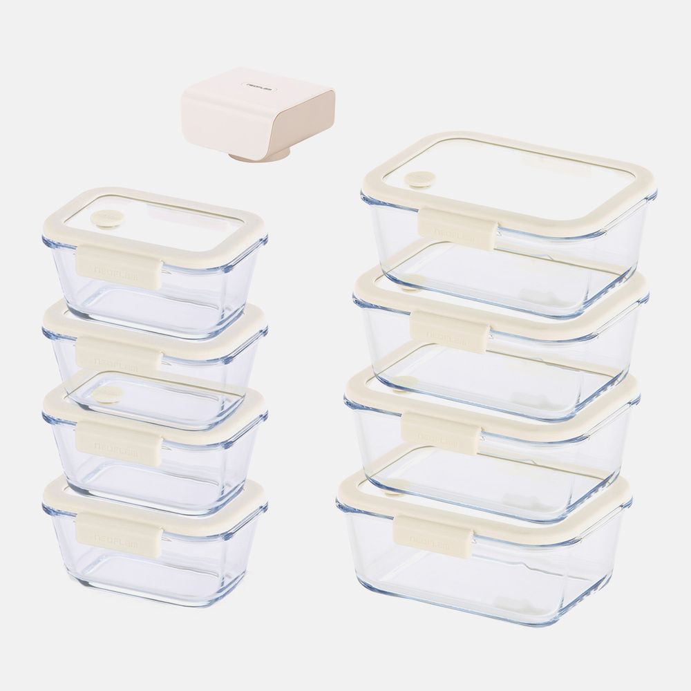 [NEOPLAM] GLACE Z Glass Vacuum Airtight Container 9-Piece Set + Vacuum Pump_ Ivory  _ A Revolutionary Vacuum Airtight Container Made Entirely of Glass