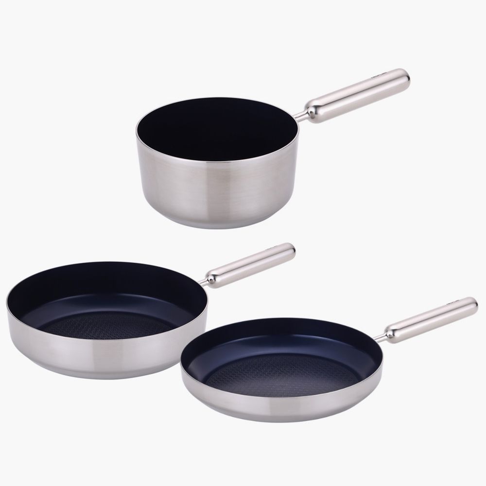 NEOFLAM Edge Stainless Steel Blue IH Cookware 3-Piece Set (18cm Milk Pan, 28cm Frying Pan, 28cm Wok Pan)