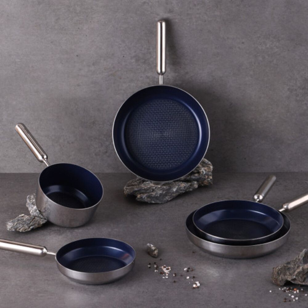 NEOFLAM Edge Stainless Steel Blue IH Frying Pan 5-Piece Set (18cm Milk Pan, 20cm Frying Pan, 24cm Frying Pan, 28cm Frying Pan, 28cm Wok Pan)