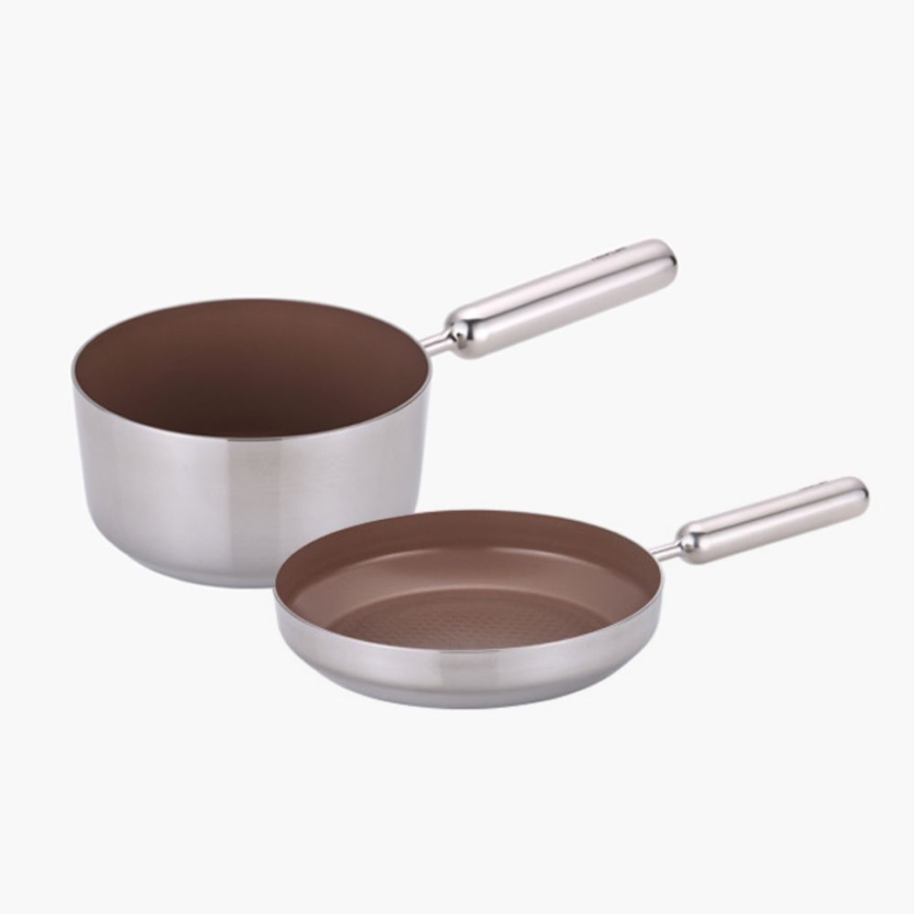 NEOFLAM Edge Stainless Steel Brown IH Frying Pan 2-Piece Set (18cm Milk Pan, 20cm Frying Pan)