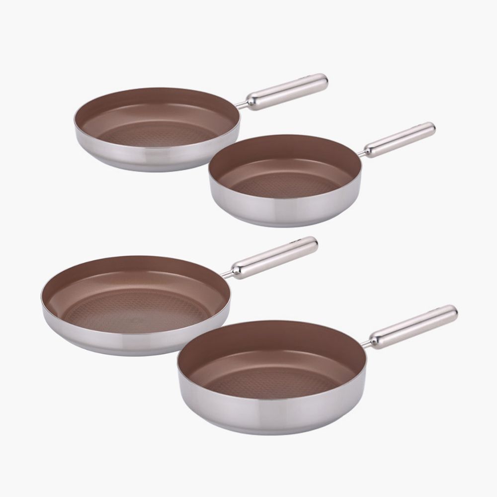 NEOFLAM Edge Stainless Steel Brown IH Cookware 4-Piece Set (20cm Frying Pan, 24cm Frying Pan, 28cm Frying Pan, 28cm Wok Pan)