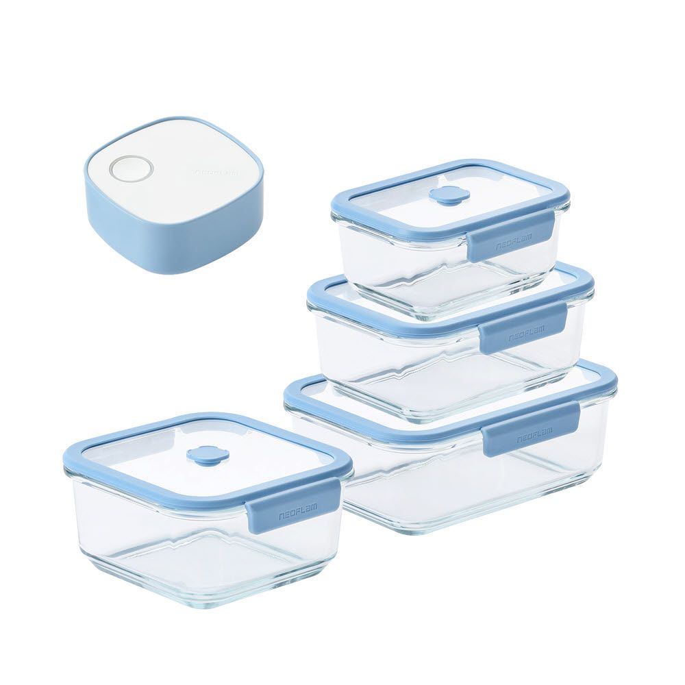 NEOFLAM VacuSeal Heat-Resistant Glass Vacuum Container 5-Piece Set (570ml ×1 + 950ml ×1 + 1500ml ×1 + S1000ml ×1 + Vacuum Pump)
