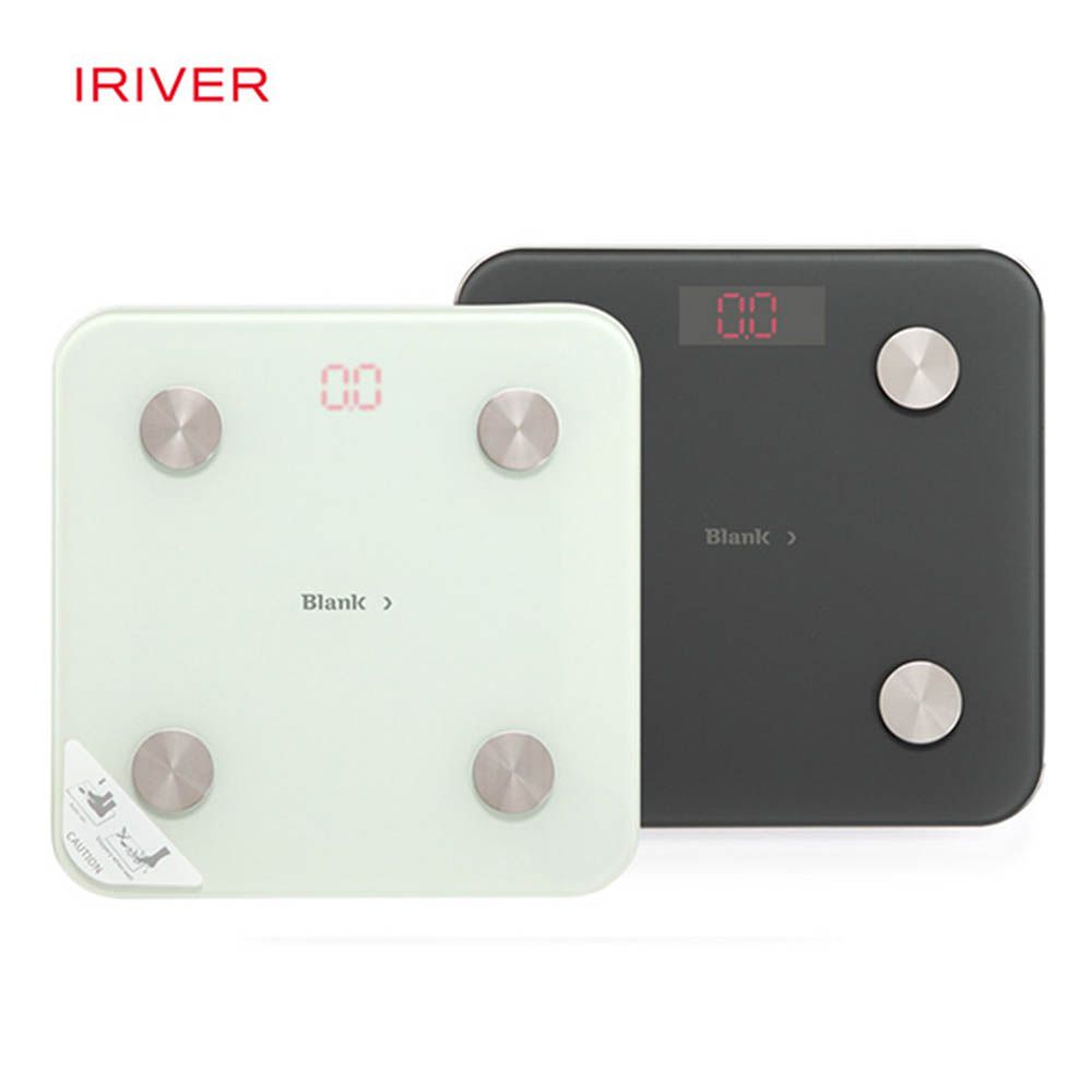 iRiver Smart Body Fit Scale SB-T220B, 18 measurement modes including body fat, muscle mass, BMI index measurement, and target weight setting, measuring in 100g increments from 2kg up to 180kg, premium tempered glass