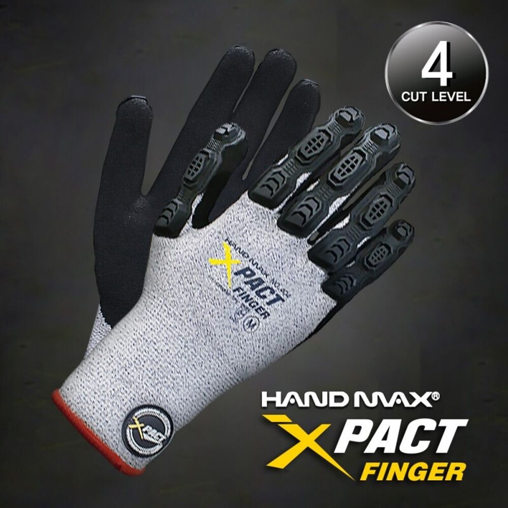 HANDMAX X-Pact Finger Impact-resistant and Cut-resistant Gloves, Reinforced Polyethylene Yarn (HPPE), Nitrile Foam Coating, TPR pad (finger), 13G