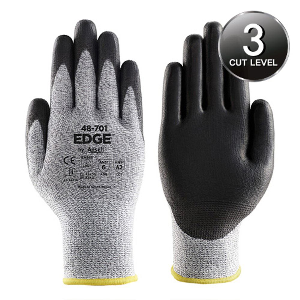 ANSEL Edge Safety Gloves 48-701, Cut LEVEL 3 Cut prevention, Reinforced polyethylene yarn (HPPE), Spandex yarn, Polyester, PU coated, 13G