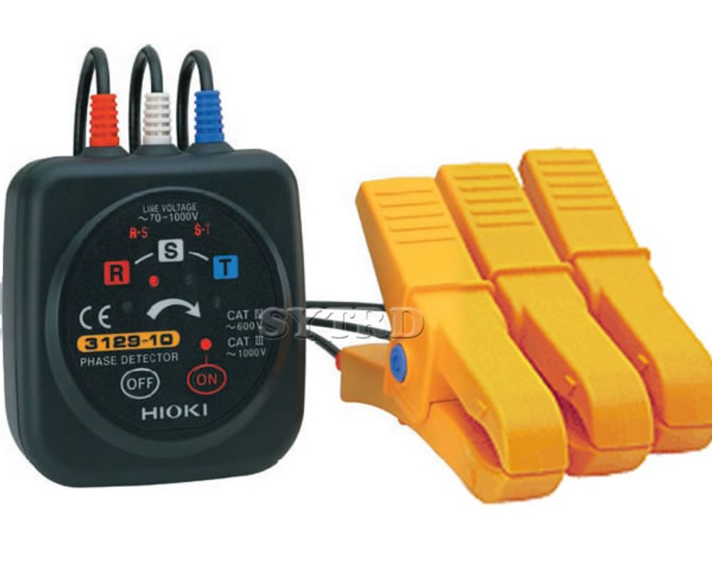 HIOKI PHASE DETECTOR PD3129-10, Phase Rotation Meter with Easy-to-Read Arrow and Non-Metallic Contact Clips for 70 V to 1000 V Lines