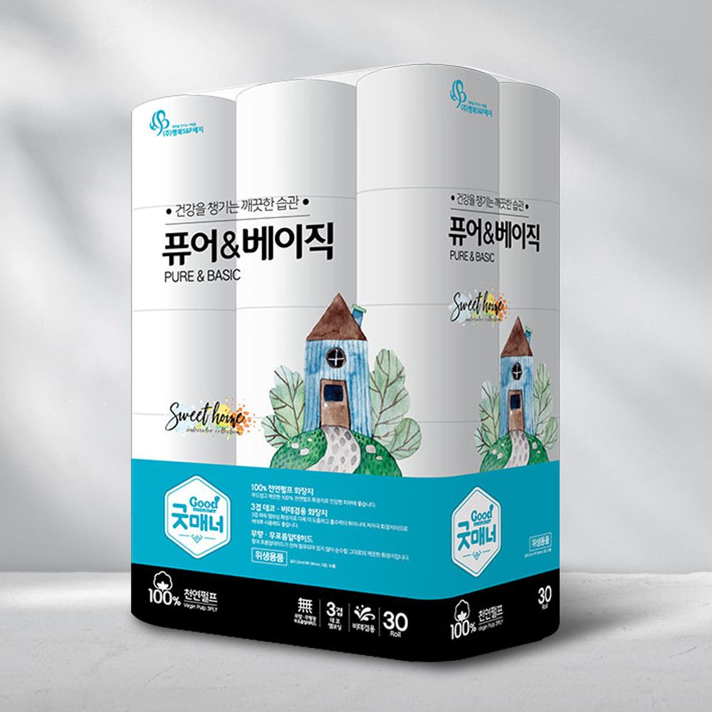 [HAPPY S&P Paper] Good Manner Pure & Basic 20, 20m*30R   – Soft and Clean 3-Ply 100% Natural Pulp Toilet Paper_ Made in Korea