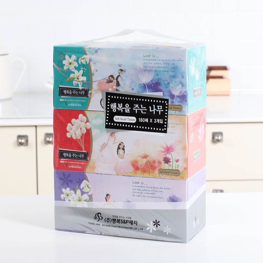 [Happy S&P Paper] Tree of Happiness Facial Tissues 180 Sheets × 3 Bundles (1 Pack) – Soft and Safe Natural Pulp Facial Tissues – Made in Korea