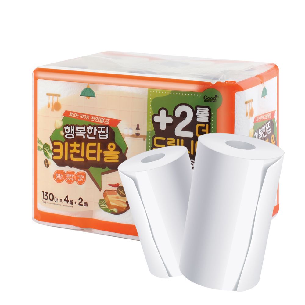 [Happy S&P Paper] Happy Home Kitchen Towels 130 Sheets × 6 Rolls (4 Packs) Safe and Powerful Absorption! 100% Natural Pulp, Thick Kitchen Towels _ Made in Korea