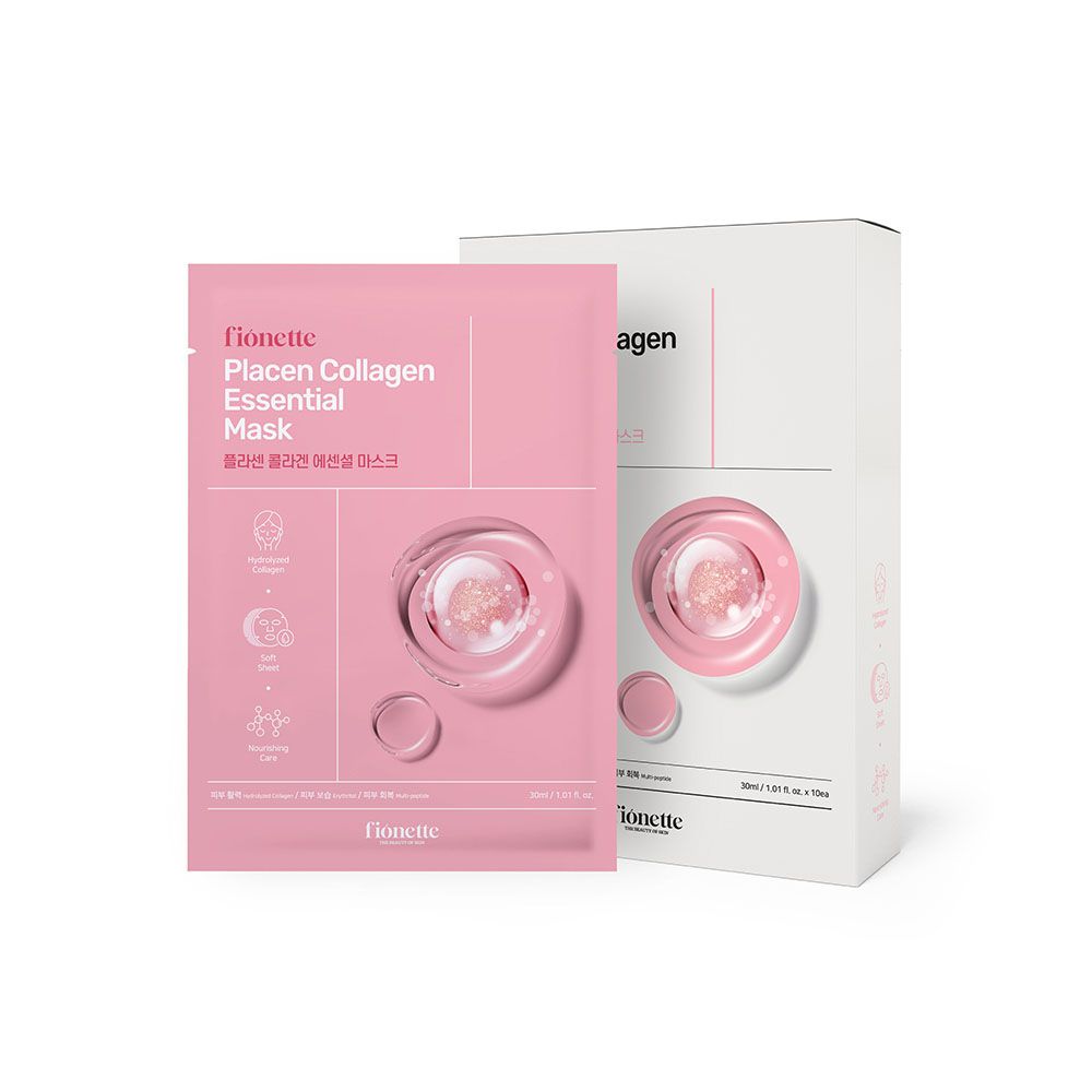Fionette Placenta Collagen Essential Mask Sheet (10 Pack) | High-Concentration Ampoule Mask for Firmness, Elasticity & Youthful Glow _ Made in Korea