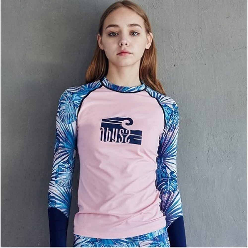 ABYSS WT218 Women's Rash Guard – Pink / Blue Jungle | High Neck, UPF50+, Made in Korea