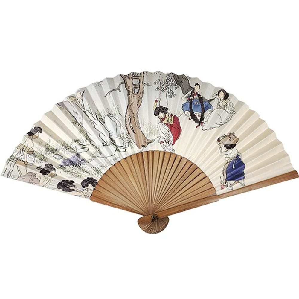 ATTY FACTORY Korean Traditional Folding Fan – Dano Scenic Area (Large) _ Traditional Minhwa Fan with Hanji & Bamboo, Korean Knot + Gift Box Included _ Made in Korea